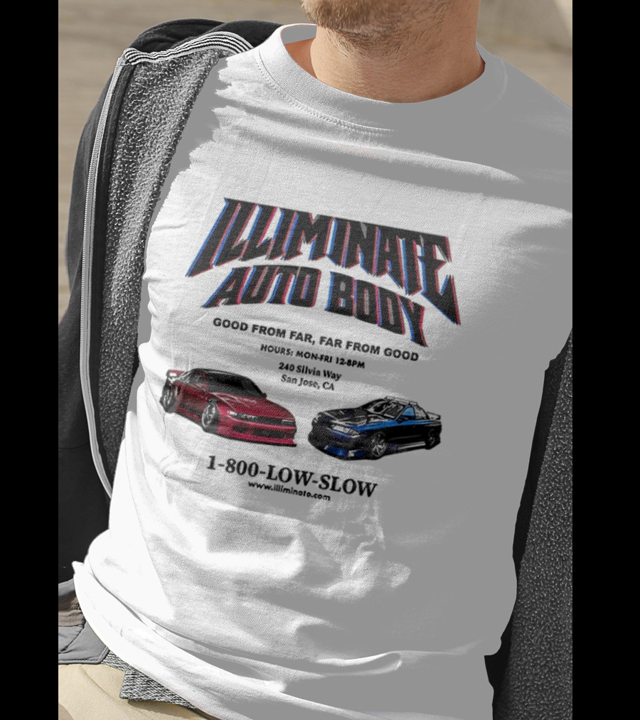 Illiminate Auto Body Good From Far Far From Good Retro Red Blue Car T-Shirt