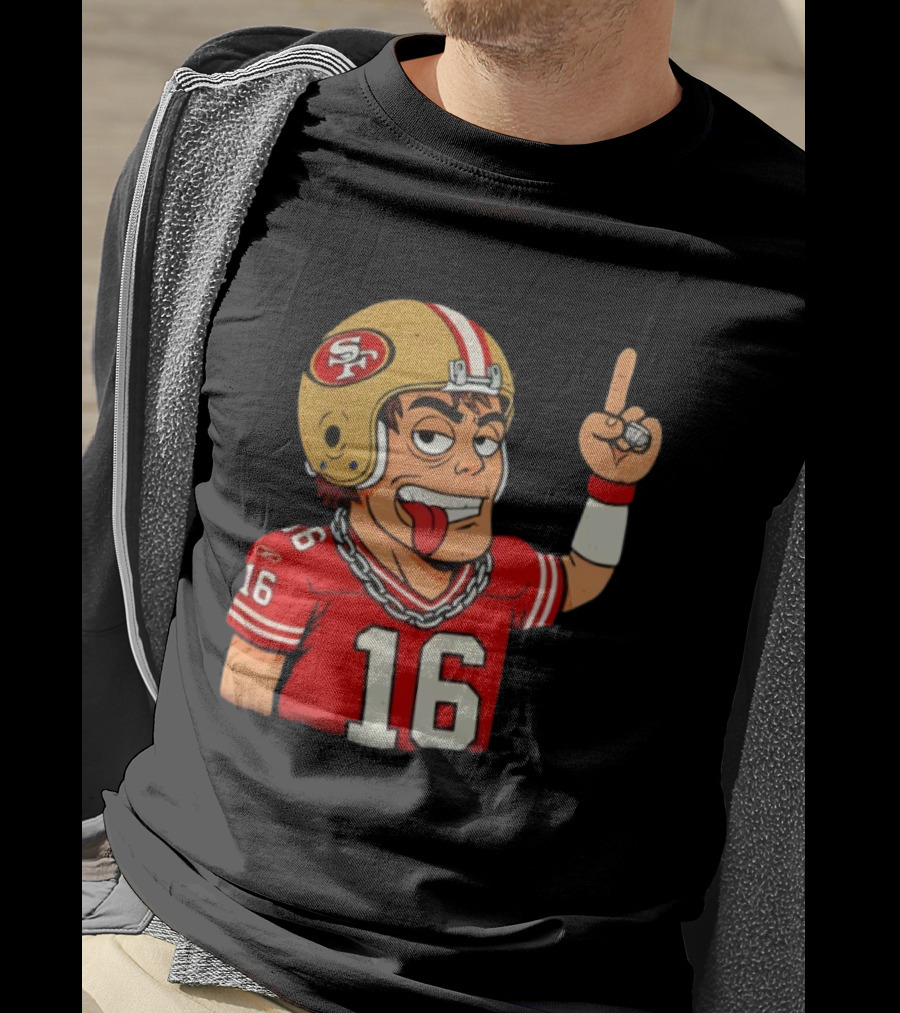 Legendary Quarterback Joe Montana #16 San Francisco 49ers Cartoon Helmet Tongue Out T-Shirt