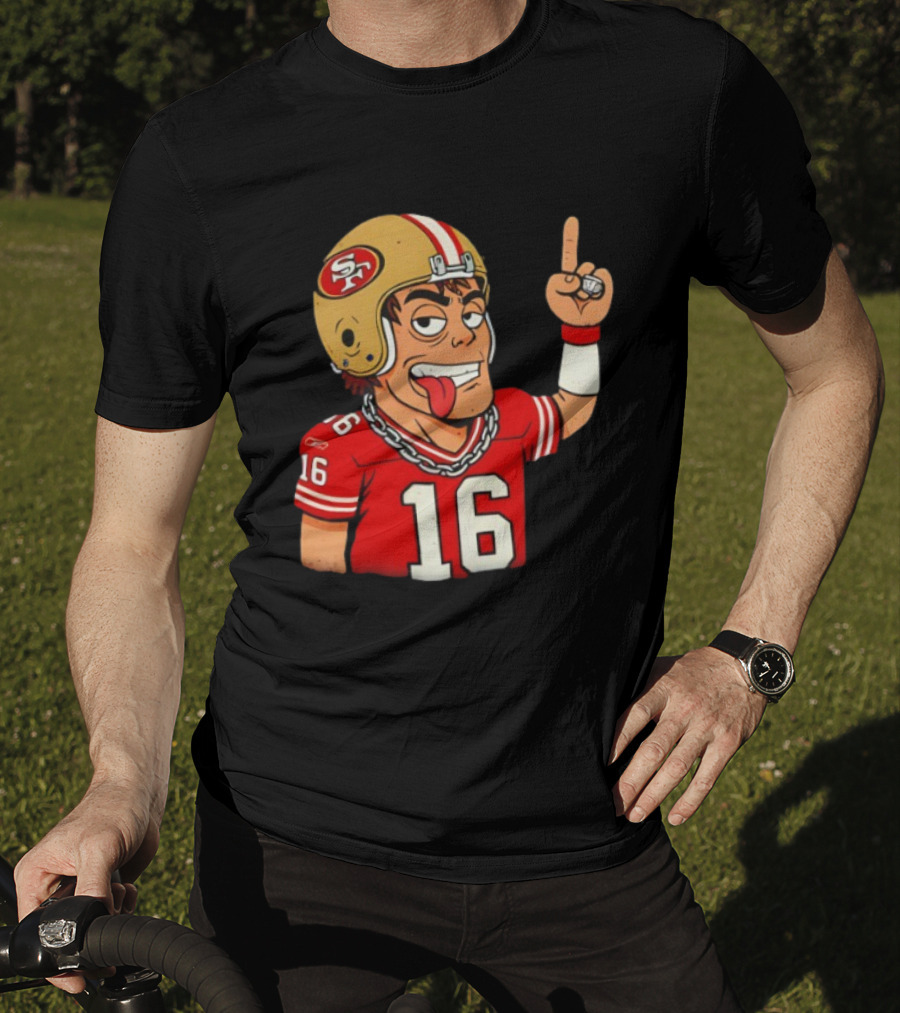 Legendary Quarterback Joe Montana #16 San Francisco 49ers Cartoon Helmet Tongue Out T-Shirt