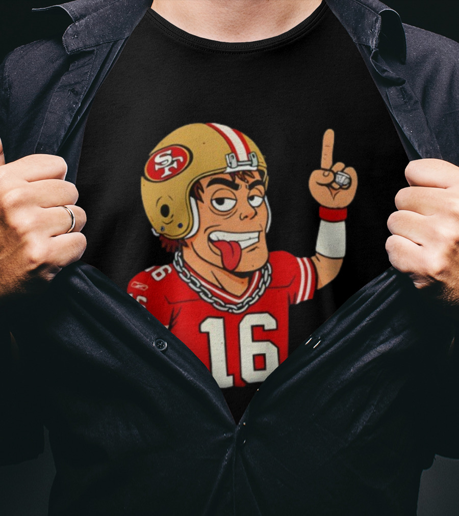 Legendary Quarterback Joe Montana #16 San Francisco 49ers Cartoon Helmet Tongue Out T-Shirt