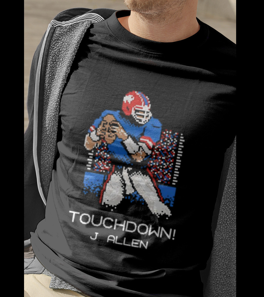 TOUCHDOWN J ALLEN Retro Football Quarterback Blue Red Helmet T-Shirt