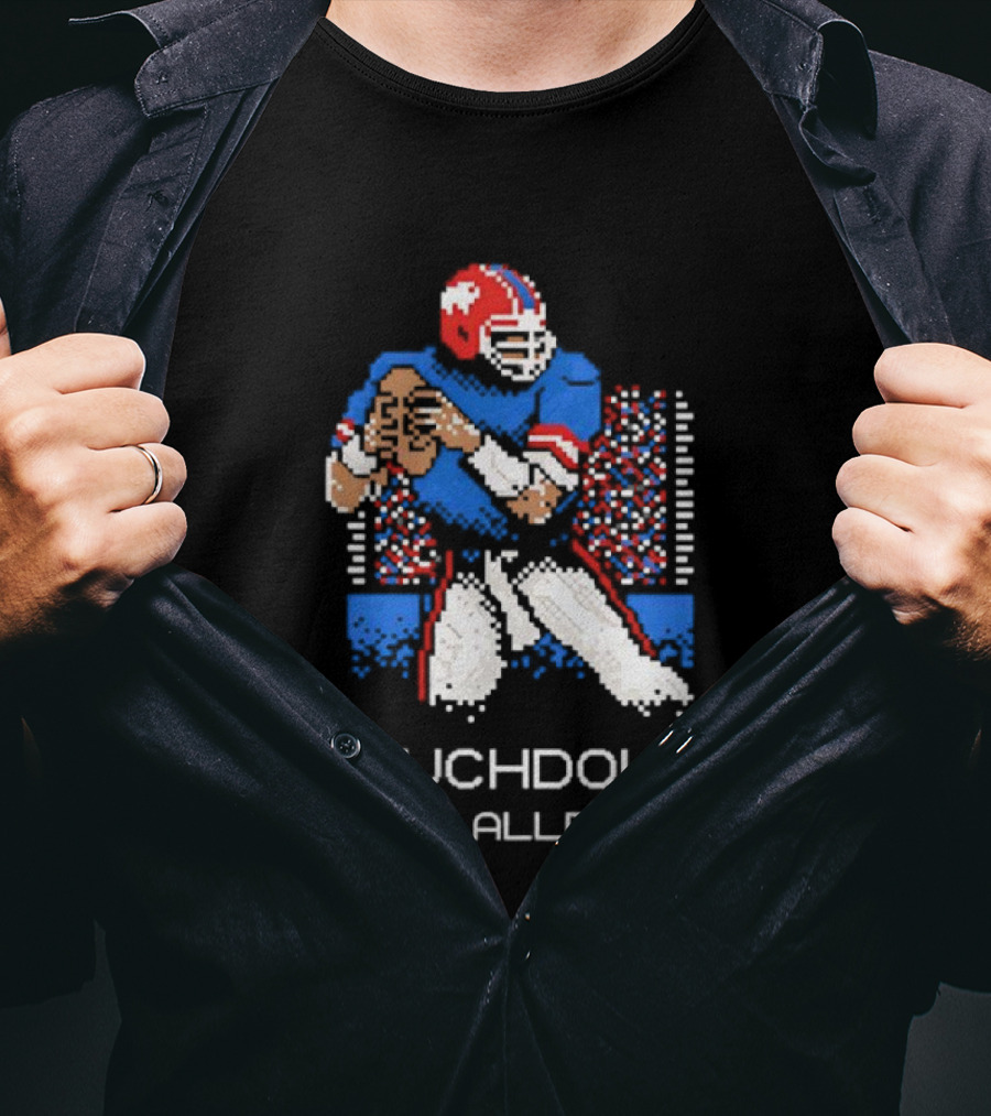 TOUCHDOWN J ALLEN Retro Football Quarterback Blue Red Helmet T-Shirt
