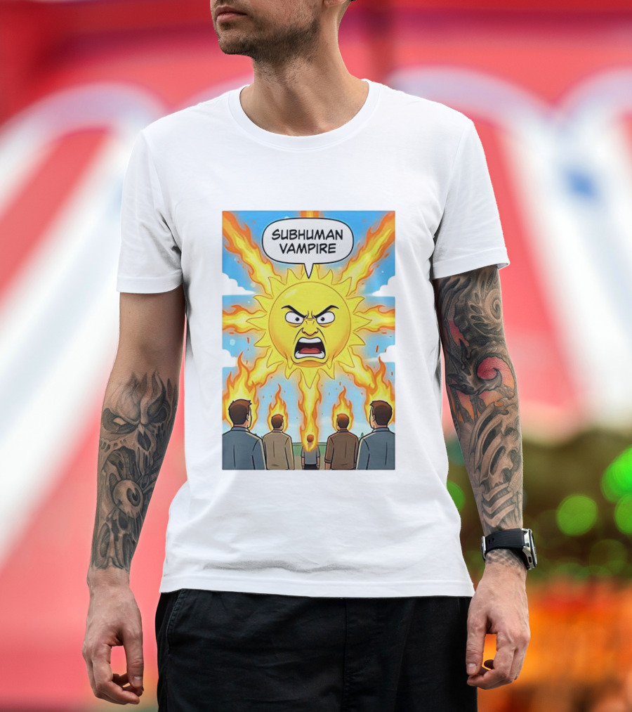 Subhuman Vampire Angry Sun Cartoon with Flames T-Shirt