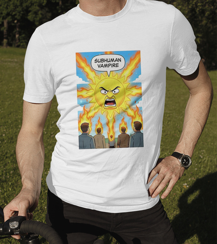 Subhuman Vampire Angry Sun Cartoon With Flames T-Shirt