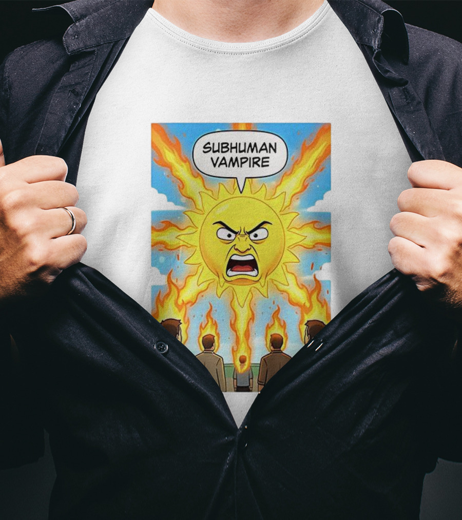 Subhuman Vampire Angry Sun Cartoon With Flames T-Shirt