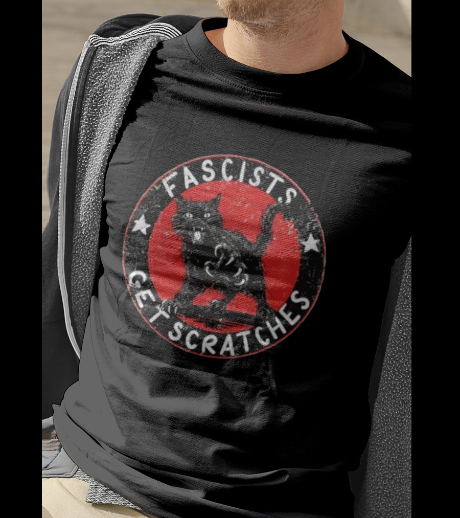 Black Cat Fascists Get Scratches Round Emblem With Stars T-Shirt