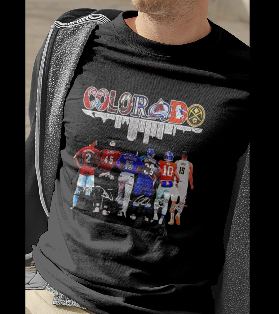 Colorado Avalanche Broncos Nuggets Rockies Jerseys And Ward Jokic Signatures T-Shirt