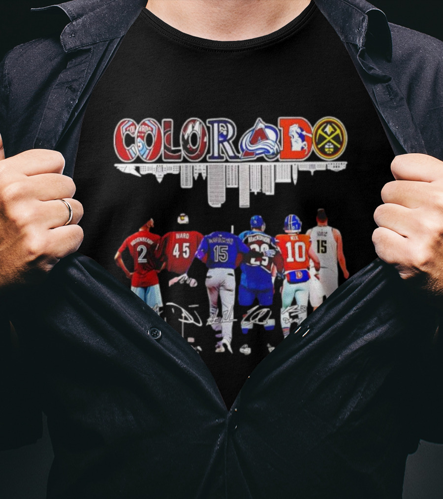 Colorado Avalanche Broncos Nuggets Rockies Jerseys And Ward Jokic Signatures T-Shirt