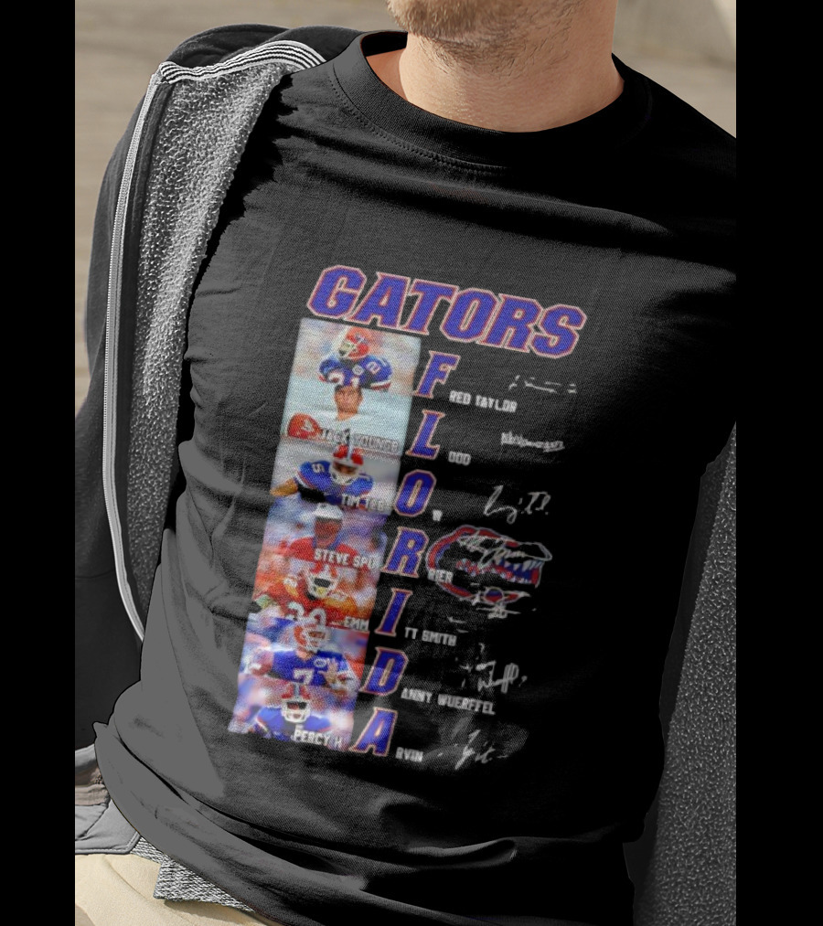 Gators Florida Football Legends Fred Taylor Jack Youngblood Tim Tebow Steve Spurrier Emmitt Smith Danny Wuerffel Percy Harvin Signature Collection T-Shirt