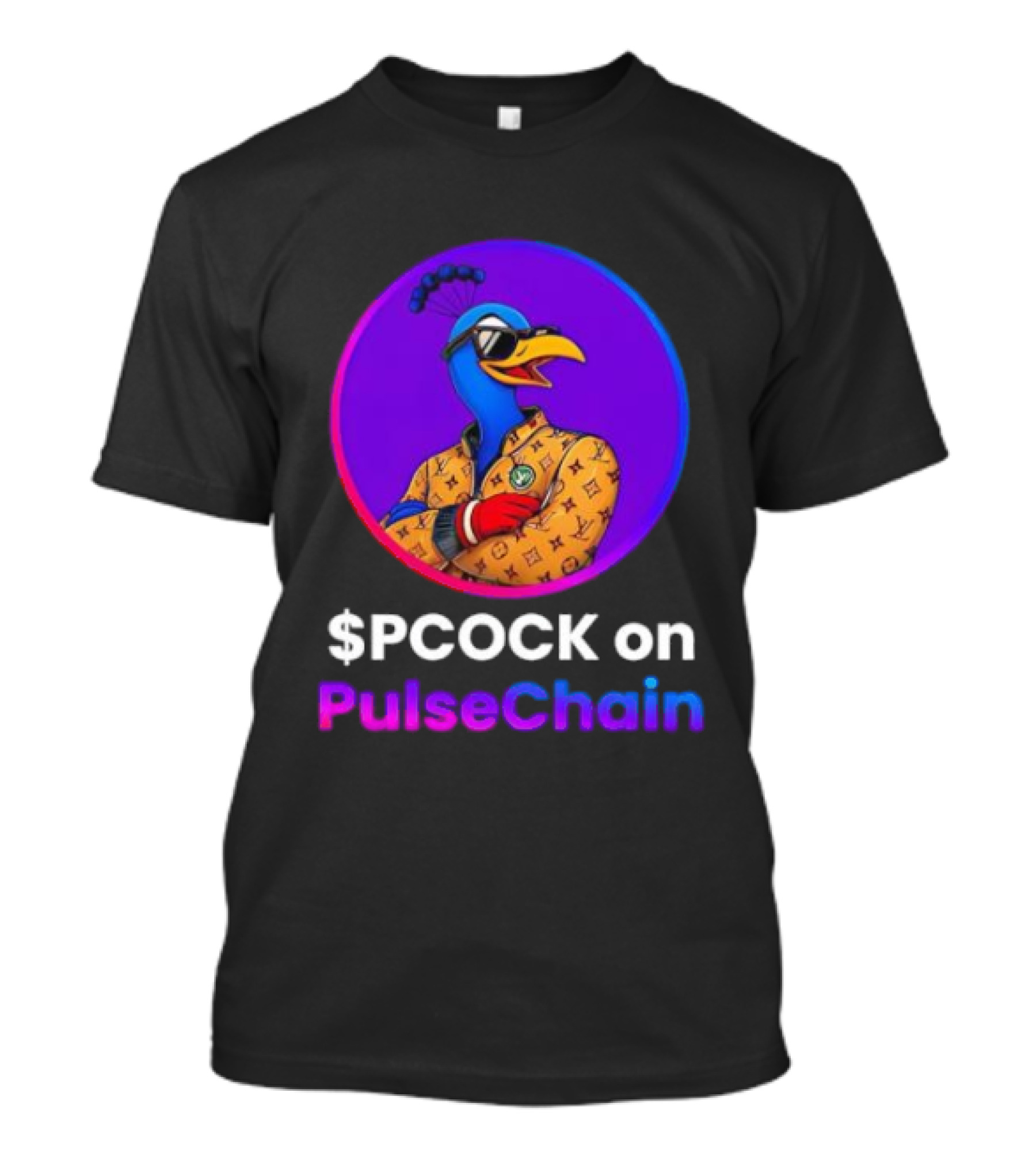 $PCOCK On PulseChain Peacock With Sunglasses And Patterned Outfit T-Shirt