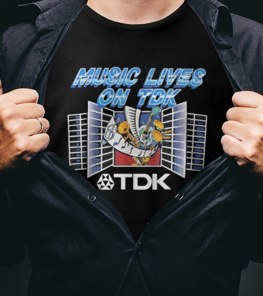Music Lives On TDK Vintage 80s Cassette Tapes Retro Musical Instruments T-Shirt