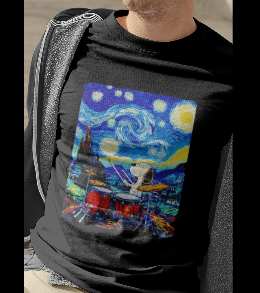 Snoopy Playing Drums Starry Night Van Gogh T-Shirt