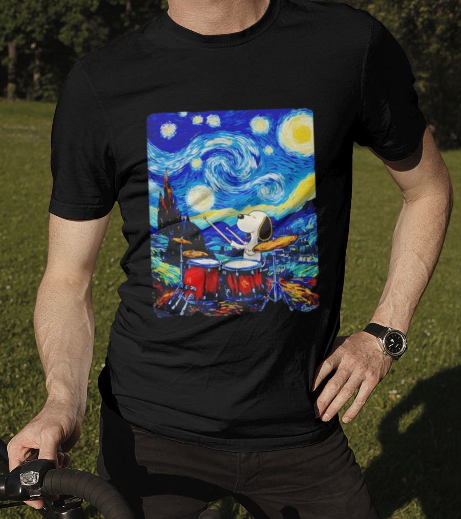 Snoopy Playing Drums Starry Night Van Gogh T-Shirt