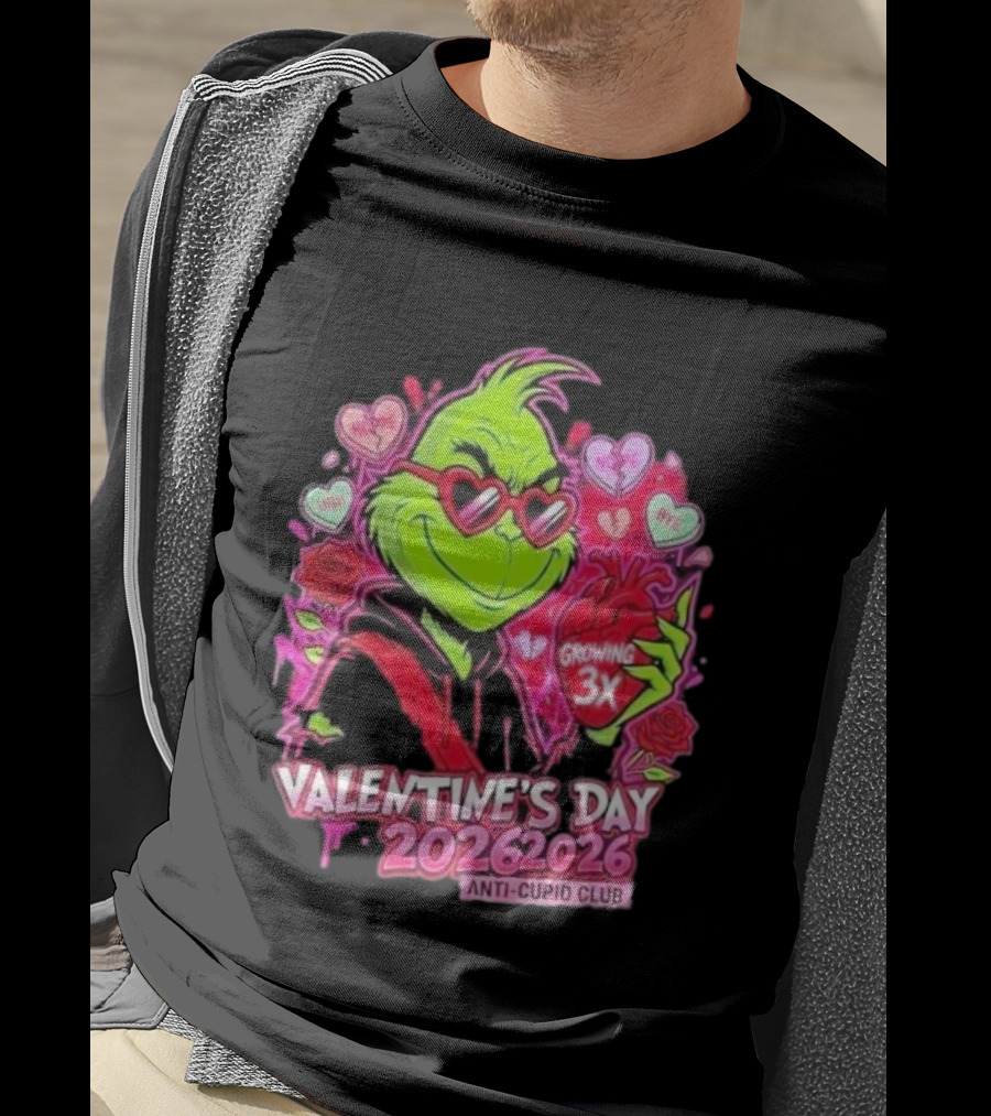 The Grinch Valentine's Day 2026 Anti Cupid Club Growing 3X Heart Funny Sarcastic Candy Hearts T-Shirt