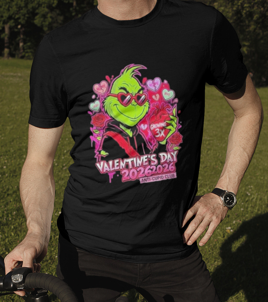 The Grinch Valentine's Day 2026 Anti Cupid Club Growing 3X Heart Funny Sarcastic Candy Hearts T-Shirt