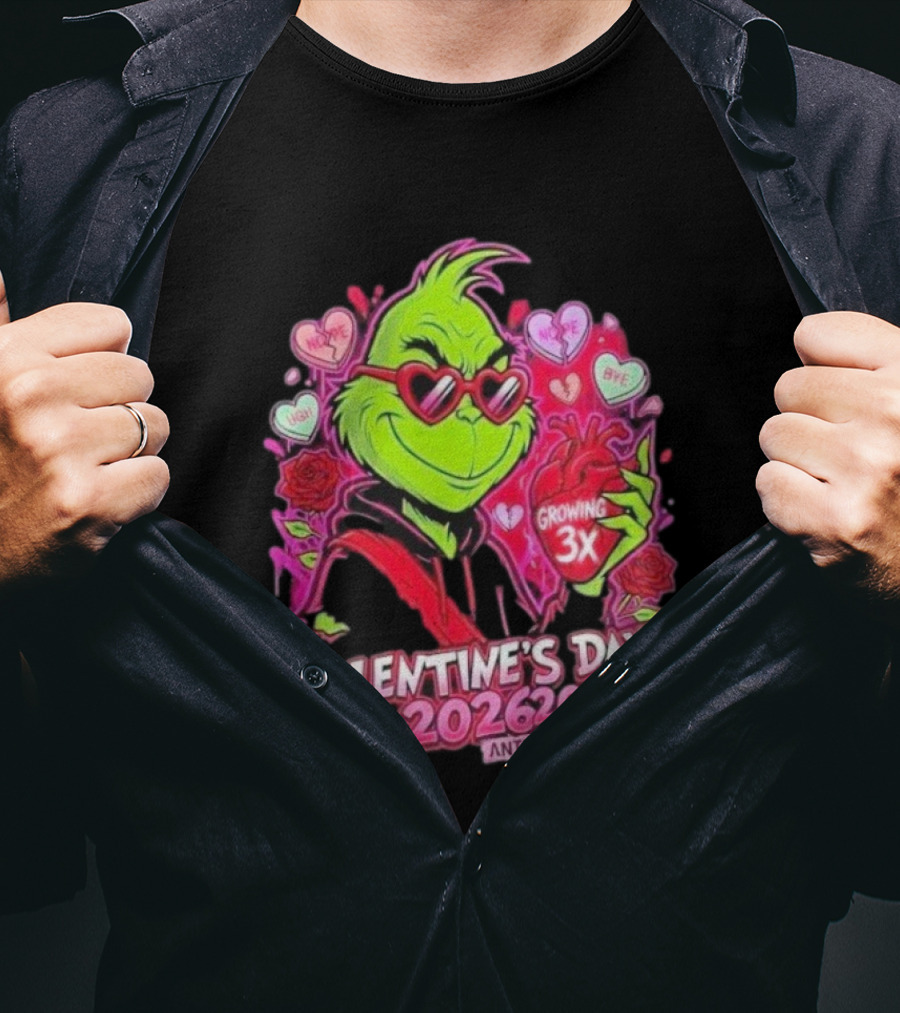 The Grinch Valentine's Day 2026 Anti Cupid Club Growing 3X Heart Funny Sarcastic Candy Hearts T-Shirt