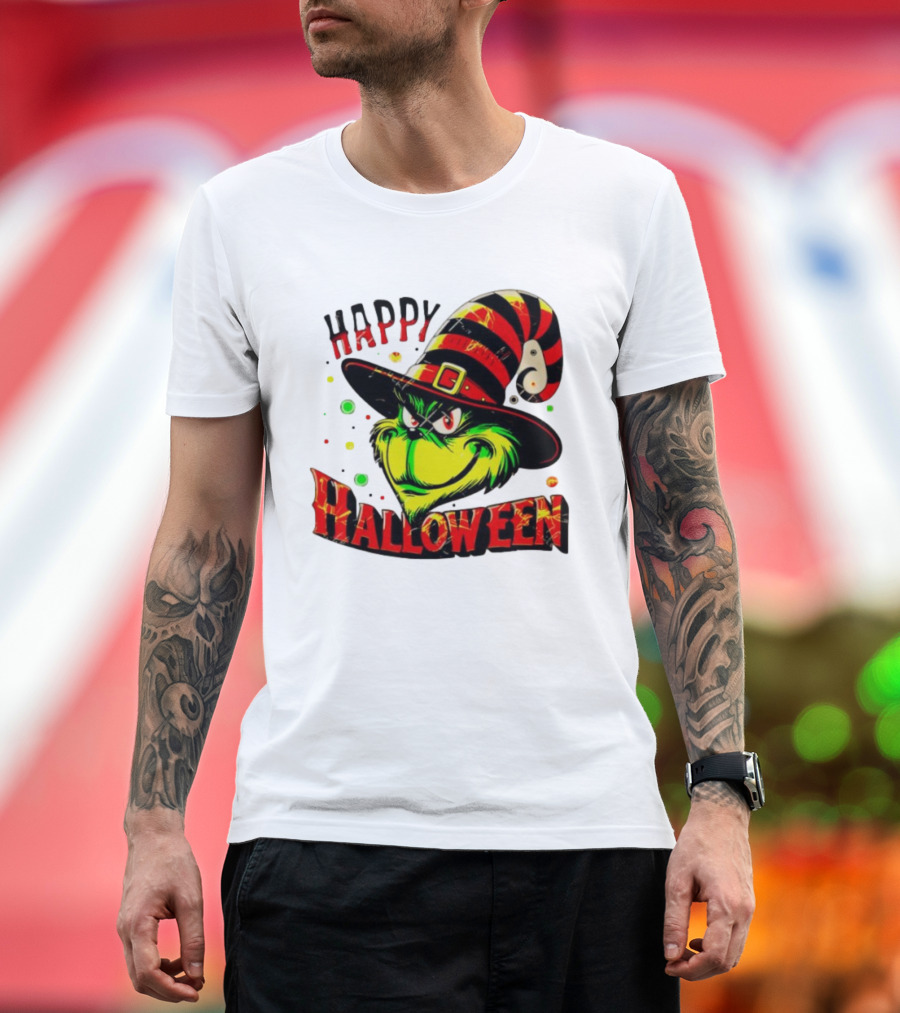 Happy Halloween Grinch Witch Hat Striped Festive T-Shirt