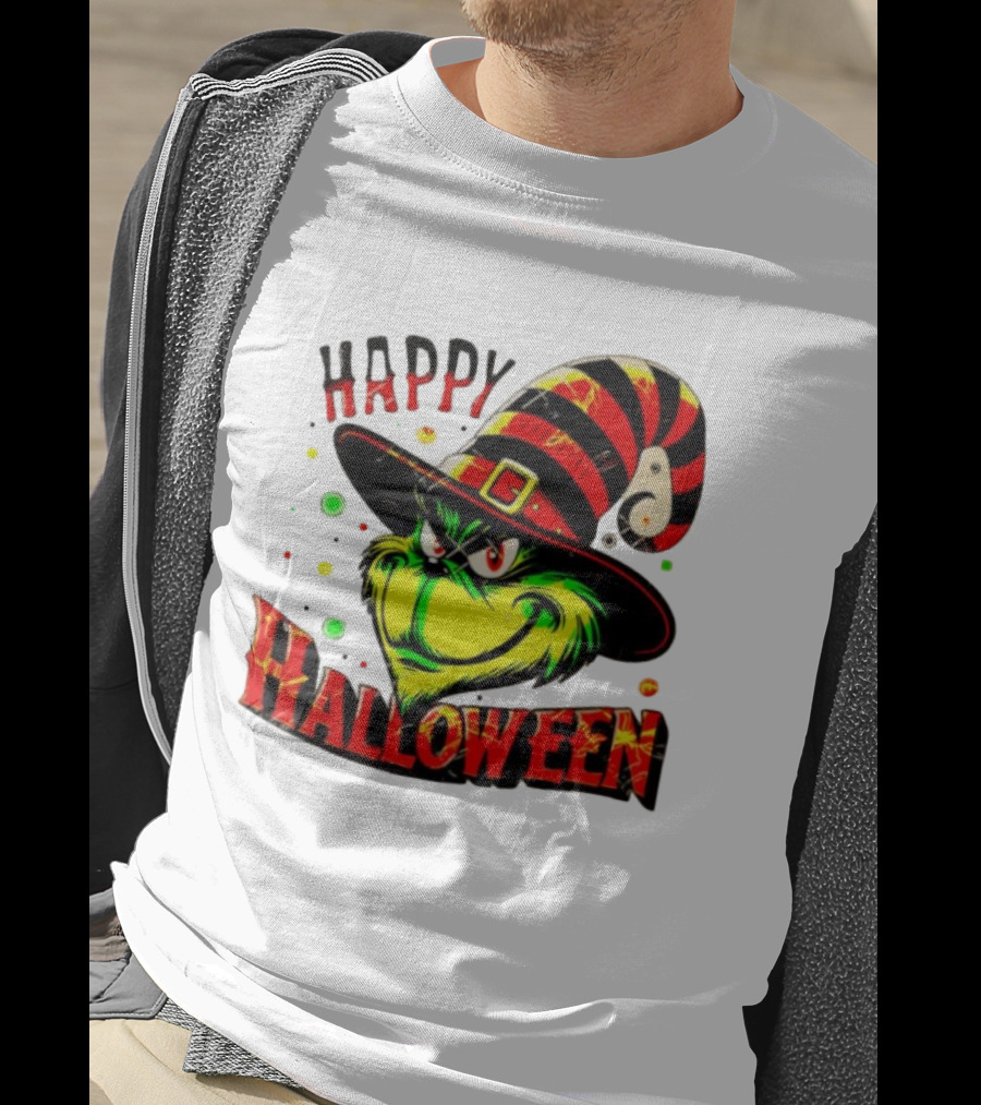 Happy Halloween Grinch Witch Hat Striped Festive T-Shirt