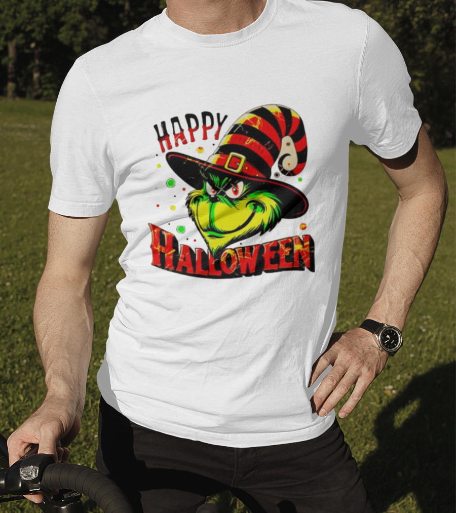 Happy Halloween Grinch Witch Hat Striped Festive T-Shirt