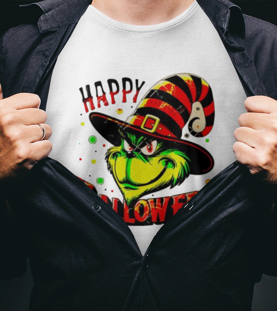 Happy Halloween Grinch Witch Hat Striped Festive T-Shirt