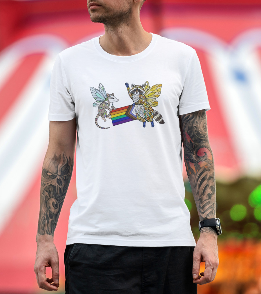 LGBTQ Pride Flag Fairy Opossum And Raccoon With Wings T-Shirt