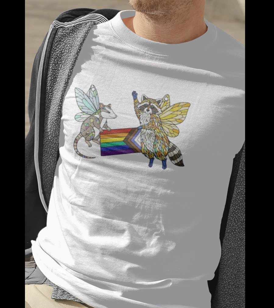 LGBTQ Pride Flag Fairy Opossum And Raccoon With Wings T-Shirt