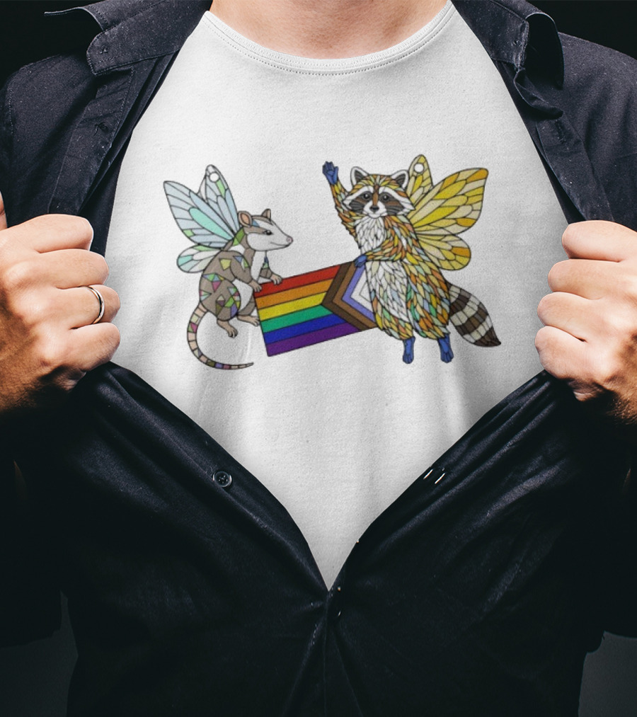 LGBTQ Pride Flag Fairy Opossum And Raccoon With Wings T-Shirt
