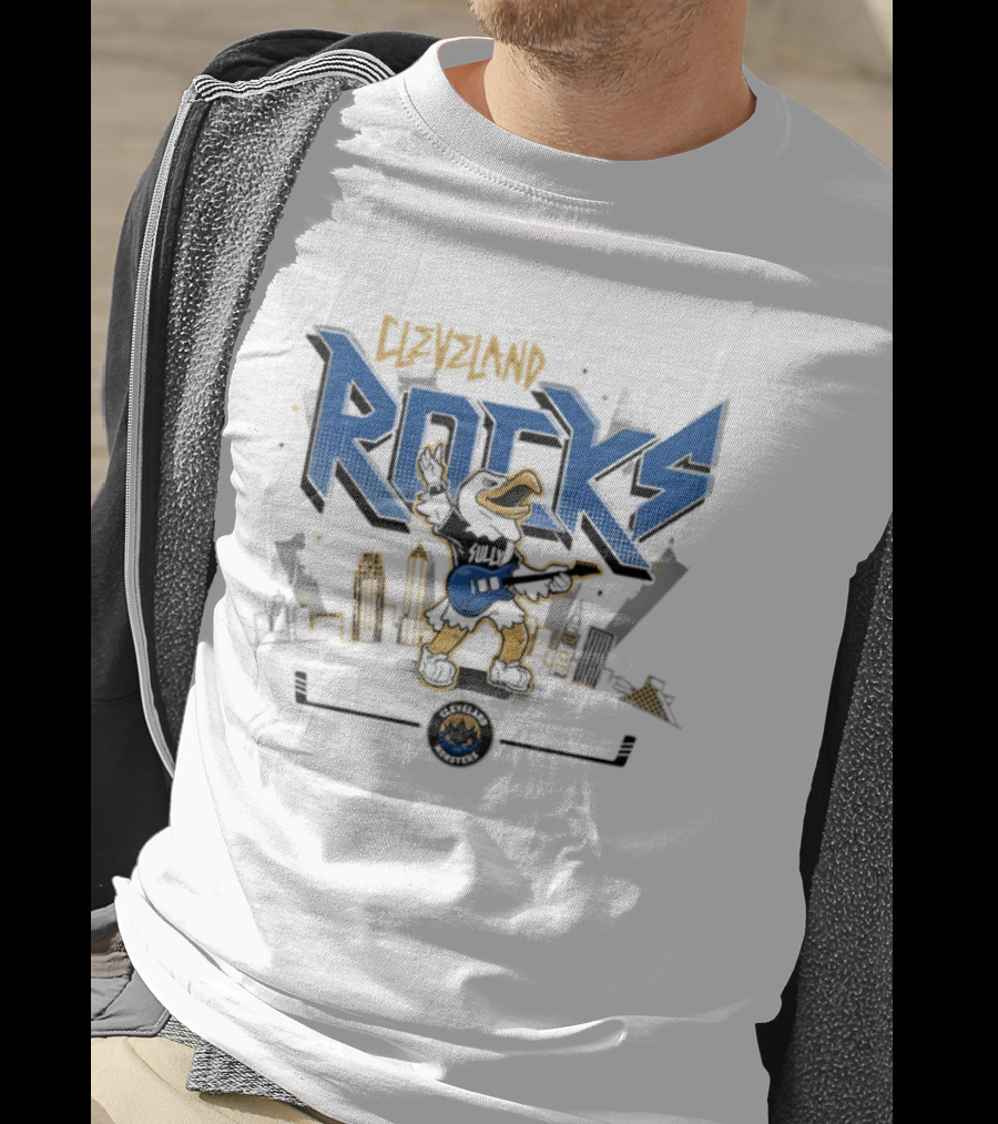 Cleveland Rocks Hockey Mascot Monster Guitar City Skyline T-Shirt
