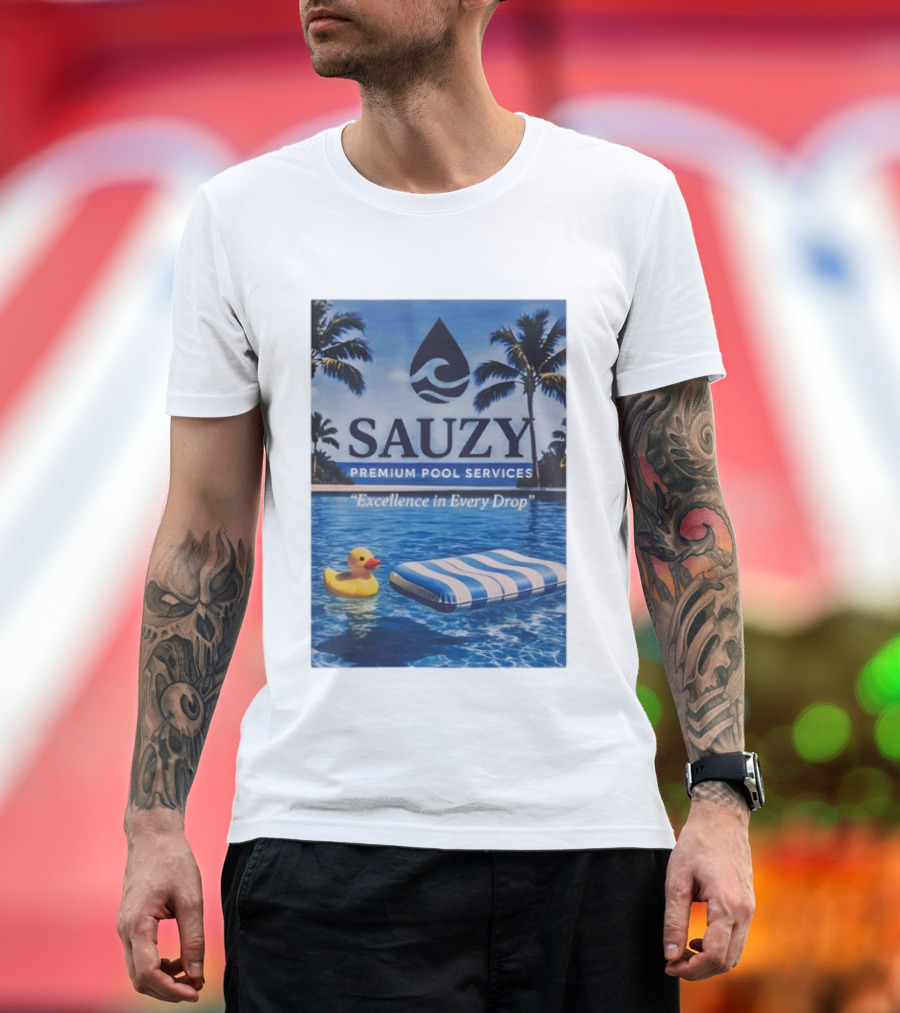 Sauzy Premium Pool Services Excellence In Every Drop Floating Fun With Duck And Lounger Palm Oasis T-Shirt