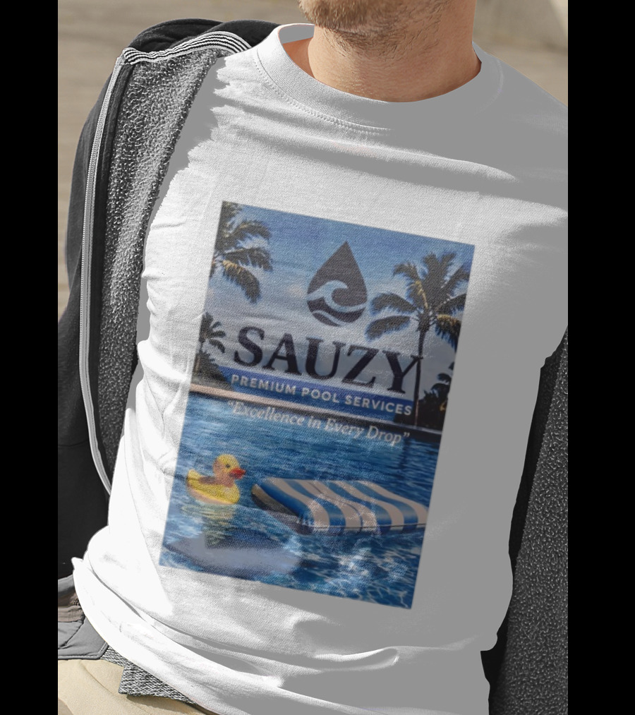 Sauzy Premium Pool Services Excellence In Every Drop Floating Fun With Duck And Lounger Palm Oasis T-Shirt