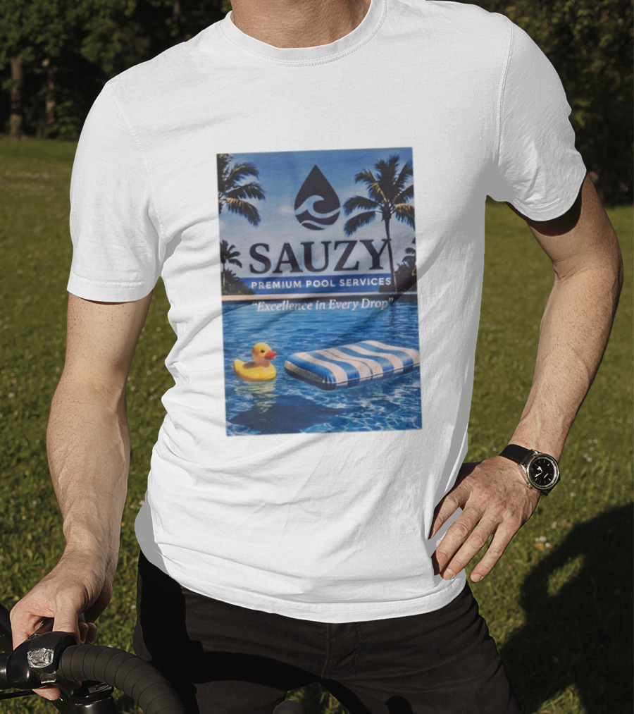 Sauzy Premium Pool Services Excellence In Every Drop Floating Fun With Duck And Lounger Palm Oasis T-Shirt