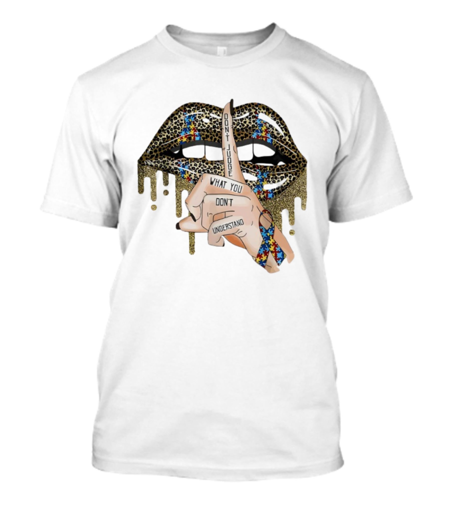 Leopard Print Lips Silence Gesture Ribbon "Don't Judge What You Don't Understand T-Shirt