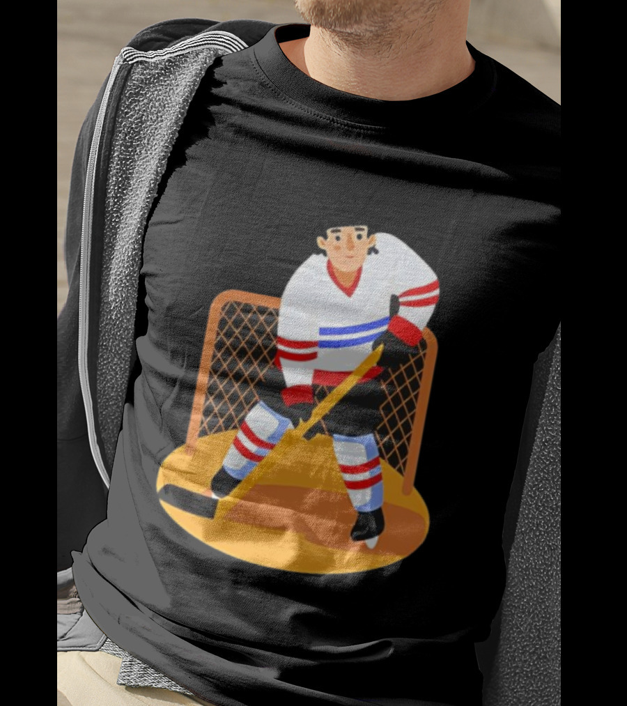 Ice Hockey Goalie In Action With Stick And Net Background T-Shirt