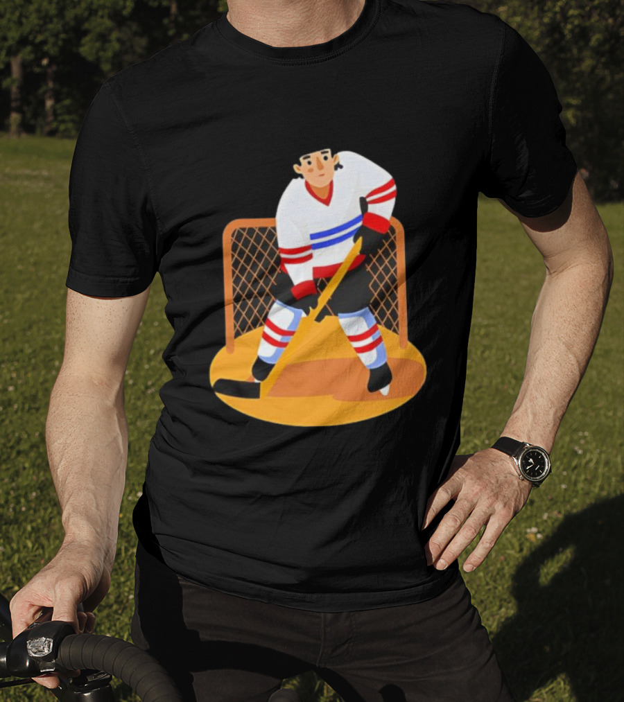 Ice Hockey Goalie In Action With Stick And Net Background T-Shirt