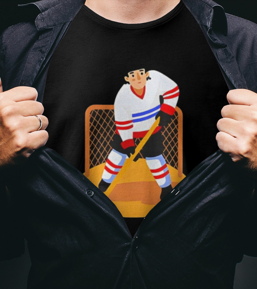 Ice Hockey Goalie In Action With Stick And Net Background T-Shirt