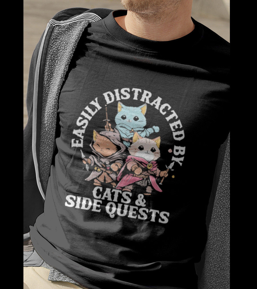 Easily Distracted By Cats And Side Quests Adventure Cats T-Shirt