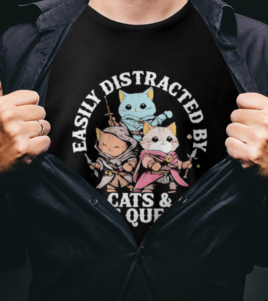 Easily Distracted By Cats And Side Quests Adventure Cats T-Shirt