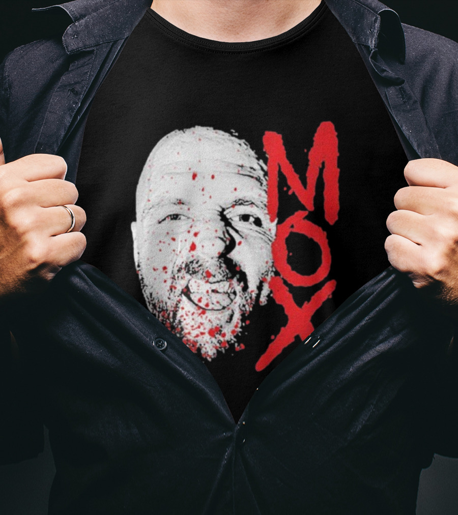 Moxley Big Head Mox Text Blood Splatter T-Shirt