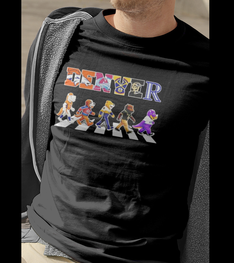 Denver Broncos Avalanche Nuggets Buffaloes Rockies Mascots Walking Abbey Road T-Shirt