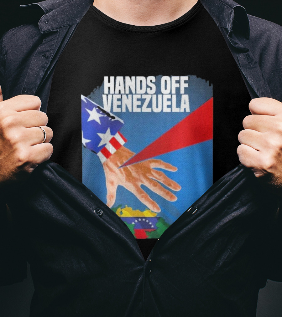 Hands Off Venezuela U.S. Imperialism Critique Featuring Venezuelan Flag And Map T-Shirt