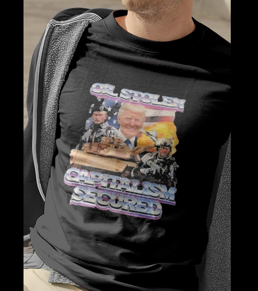 Oil Stolen Capitalism Secured Trump Tank Military Explosion US Flag T-Shirt