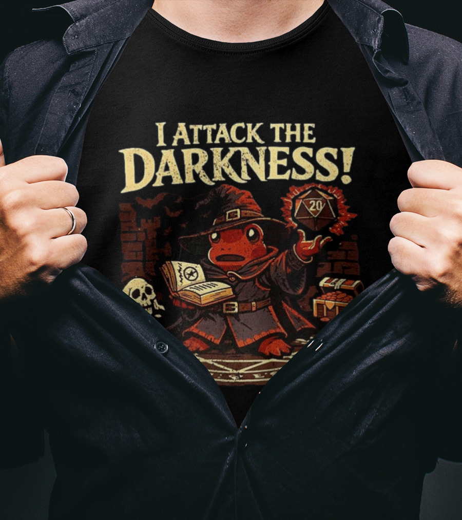 I Attack The Darkness Frog Wizard D20 Skull Spellbook Dungeon Treasure T-Shirt