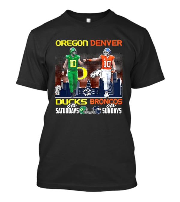 Oregon Ducks Saturdays Denver Broncos Sundays Bo Nix Signature Skyline T-Shirt