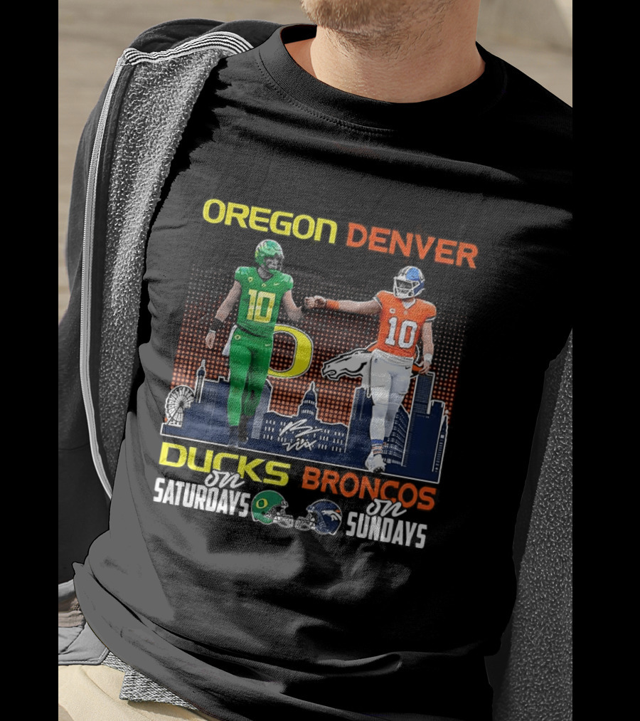 Oregon Ducks Saturdays Denver Broncos Sundays Bo Nix Signature Skyline T-Shirt