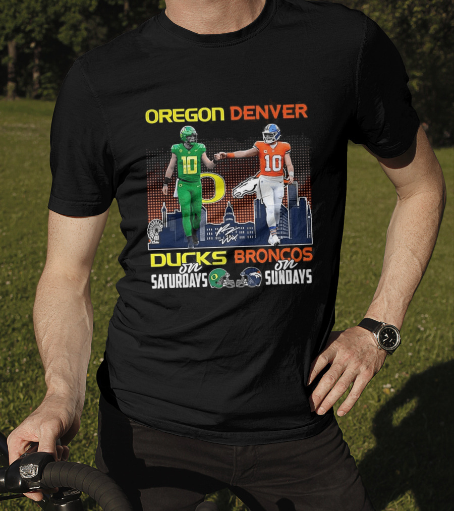 Oregon Ducks Saturdays Denver Broncos Sundays Bo Nix Signature Skyline T-Shirt