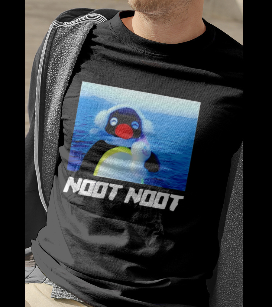 Noot Noot Penguin Holding Toy Ocean Background T-Shirt