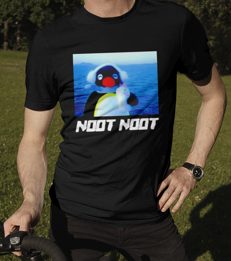 Noot Noot Penguin Holding Toy Ocean Background T-Shirt