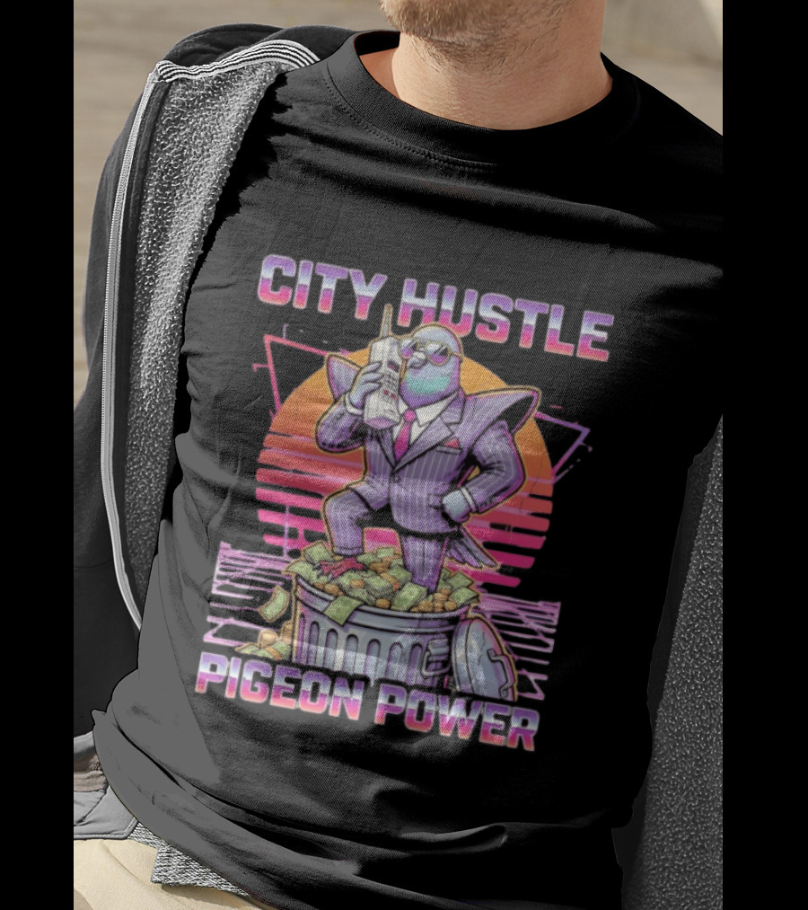 Pigeon Power City Hustle Funny Retro 80s Synthwave Suit Money Trash Can Telephone T-Shirt