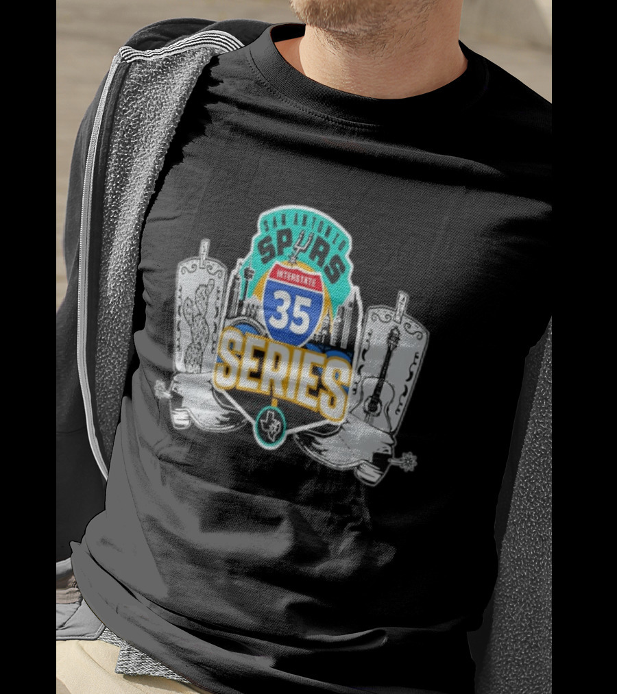 San Antonio Spurs Interstate 35 Series Cactus Guitar Boots Skyline T-Shirt