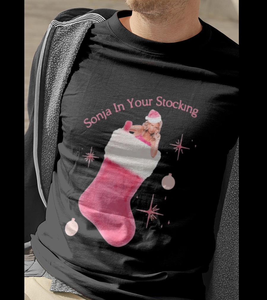 Sonja In Your Stocking Holiday Christmas Sox Pink Santa Hat Festive T-Shirt